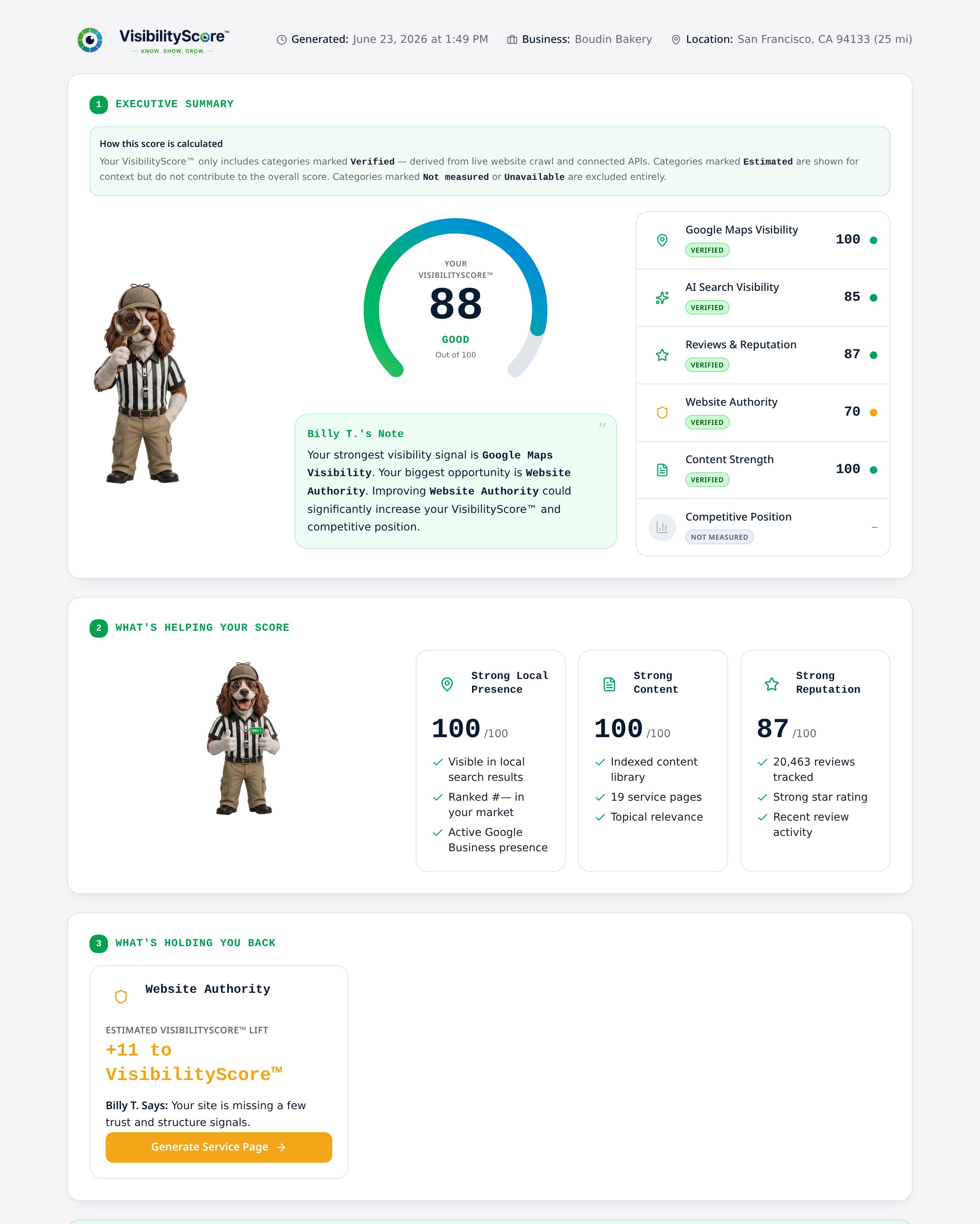 Sample VisibilityScore report dashboard showing category scores, AI visibility, competitor benchmarks, and prioritized recommendations